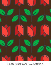 Abstract Hand Drawing Tulips and Leaves Seamless Vector Pattern Isolated Background
