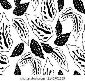 Abstract Hand Drawing Two Colors Tropical Exotic Leaves Seamless Vector Pattern Isolated Background