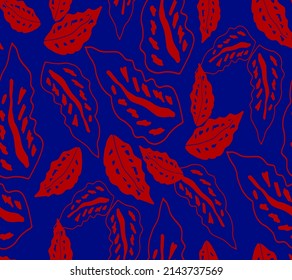 Abstract Hand Drawing Two Colors Tropical Exotic Leaves Seamless Vector Pattern Isolated Background