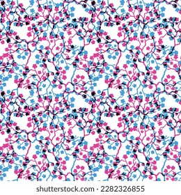 Abstract Hand Drawing Two Colors Victorian Baroque Flowers and Leaves Seamless Vector Pattern Isolated Background Seamless vector floral pattern in Hawaiian style with tiny flowers and leaf