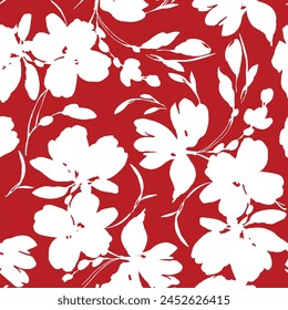 Abstract Hand Drawing Two Colors Victorian Baroque Flowers and Leaves Seamless Vector Pattern Isolated Background Seamless vector floral pattern in Hawaiian style with big flowers