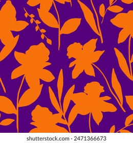 Abstract Hand Drawing Two Colors Daffodil Flowers and Leaves Seamless Vector Pattern Isolated Background	
