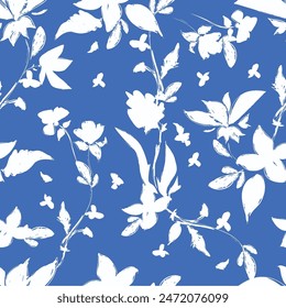 Abstract Hand Drawing Two Colors Victorian Baroque Flowers and Leaves Seamless Vector Pattern Isolated Background Seamless vector floral pattern in Hawaiian style with big flowers
