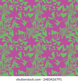 Abstract Hand Drawing Two Colors Flowers and Leaves Seamless Vector Pattern Isolated Background Seamless vector floral pattern in Hawaiian style with big flowers. Silhouette flower pattern for textile