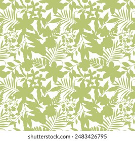 Dibujo Abstractas a mano Dos Colores Flores y hojas Patrón de Vector sin costura Fondo aislado Patrón floral de Vector sin costura en estilo hawaiano con flores grandes. Patrón de la flor de la silueta para textil