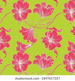Abstract Hand Drawing Two Colors Victorian Baroque Flowers and Leaves Seamless Vector Pattern Isolated Background Seamless vector floral pattern in Hawaiian style with big flowers
