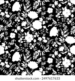 Abstract Hand Drawing Two Colors Victorian Baroque Flowers and Leaves Seamless Vector Pattern Isolated Background Seamless vector floral pattern in Hawaiian style big flower