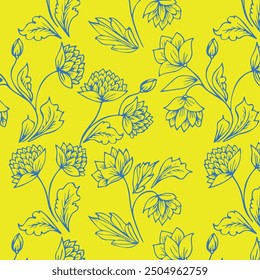 Abstract Hand Drawing Two Colors Victorian Baroque Flowers and Leaves Seamless Vector Pattern Isolated Background Seamless vector floral pattern in Hawaiian style with big flower