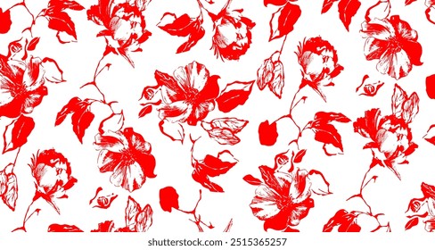 Abstract Hand Drawing Two Colors Victorian Baroque Flowers and Leaves Seamless Vector Pattern Background Seamless vector floral pattern in Hawaiian style with big flowers