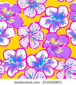 Abstract Hand Drawing Two Colors Victorian Baroque Flowers and Leaves Seamless Vector Pattern Isolated Background Seamless vector floral pattern in Hawaiian style with big flower.