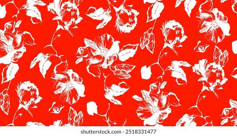 Abstract Hand Drawing Two Colors Victorian Baroque Flowers and Leaves Seamless Vector Pattern Isolated Background Seamless vector floral pattern in Hawaiian style with big flower and leaf.