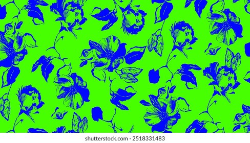 Abstract Hand Drawing Two Colors Victorian Baroque Flowers and Leaves Seamless Vector Pattern Isolated Background Seamless vector floral pattern in Hawaiian style with big flower and leaf.