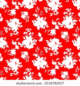 Abstract Hand Drawing Two Colors Victorian Baroque Flowers and Leaves Seamless Vector Pattern. Silhouette flowers Seamless vector floral pattern in Hawaiian style with big flower