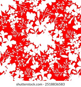 Abstract Hand Drawing Two Colors Silhouette Flowers and Leaves Seamless Vector Pattern Isolated Background Seamless vector floral pattern in Hawaiian style with big flowers