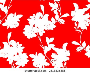 Abstract Hand Drawing Two Colors Silhouette Flowers and Leaves Seamless Vector Pattern Isolated Background Seamless vector floral pattern in Hawaiian style with big flowers