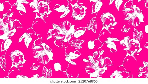 Dibujo a mano Abstractas Dos Colores Patrón de Vector sin fisuras de flores y hojas de estilo barroco victoriano Fondo aislado Patrón floral de Vector sin fisuras en estilo hawaiano con flores grandes. Silueta floral