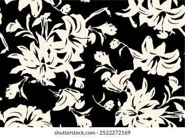 Abstract Hand Drawing Two Colors Silhouette Flowers and Leaves Seamless Vector Pattern Isolated Background Seamless vector floral pattern in Hawaiian style with big flowers