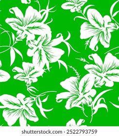 Abstract Hand Drawing Two Colors Victorian Baroque Flowers and Leaves Seamless Vector Pattern Isolated Background Seamless vector Green and white floral pattern in Hawaiian style with big flowers.