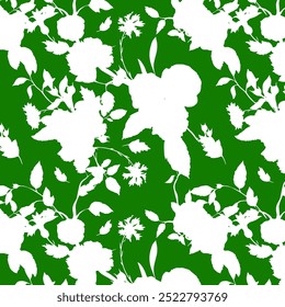 Abstract Hand Drawing Two Colors Victorian Baroque Flowers and Leaves Seamless Vector Pattern Isolated Background Seamless vector Green and white floral pattern in Hawaiian style with big flowers.