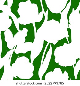 Abstract Hand Drawing Two Colors Victorian Baroque Flowers and Leaves Seamless Vector Pattern Isolated Background Seamless vector Green and white floral pattern in Hawaiian style with big flowers.