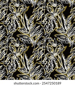 Abstract Hand Drawing Two Colors Victorian Baroque Flowers and Leaves Seamless Vector Pattern Isolated Background Seamless vector floral pattern in Hawaiian style with big flower