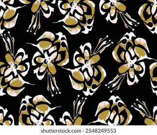 Abstract Hand Drawing Two Colors Flowers and Leaves Seamless Pattern Isolated Background Seamless vector floral pattern in Hawaiian style with big flowers design