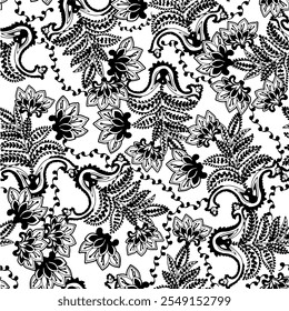 Abstract Hand Drawing Two Colors Victorian Baroque Flowers and Leaves Seamless Vector Pattern Isolated Background Seamless vector floral pattern in Hawaiian style with big flower