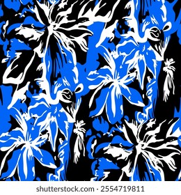 Abstract Hand Drawing Two Colors Victorian Baroque Flowers and Leaves Seamless Vector Pattern Isolated Background Seamless vector floral pattern in Hawaiian style with big flowers
