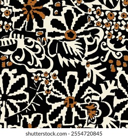 Abstract Hand Drawing Two Colors Victorian Baroque Flowers and Leaves Seamless Vector Pattern Isolated Background Seamless vector floral pattern in Hawaiian style with big flowers