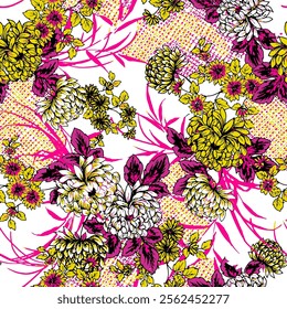 Abstract Hand Drawing Two Colors Victorian Baroque Flowers and Leaves Seamless Vector Pattern Isolated Background Seamless vector floral pattern in Hawaiian style with big flowers