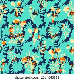 Abstract Hand Drawing Two Colors Victorian Baroque Flowers and Leaves Seamless Vector Pattern Isolated Background Seamless vector floral pattern in Hawaiian style with big flower.