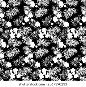 Abstract Hand Drawing Two Colors Victorian Baroque Flowers and Leaves Seamless Vector Pattern Isolated Background Seamless vector floral pattern in Hawaiian style with big silhouette flowers