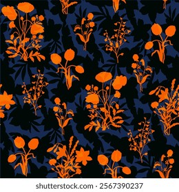 Abstract Hand Drawing Two Colors Victorian Baroque Flowers and Leaves Seamless Vector Pattern Isolated Background Seamless vector floral pattern in Hawaiian style with big silhouette flowers
