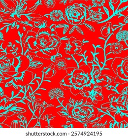 Abstract Hand Drawing Two Colors Victorian Baroque Flowers and Leaves Seamless Vector Pattern Isolated Background Seamless vector floral pattern in Hawaiian style with big flower