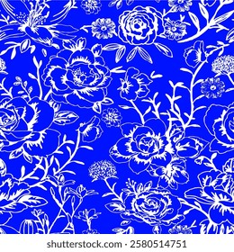 Abstract Hand Drawing Two Colors Victorian Baroque Flowers and Leaves Seamless Vector Pattern Isolated Background Seamless vector floral pattern in Hawaiian style with big flowers

