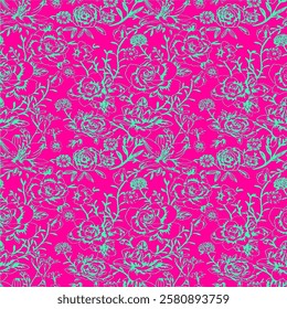 Abstract Hand Drawing Two Colors Victorian Baroque Flowers and Leaves Seamless Vector Pattern Isolated Background Seamless vector floral pattern in Hawaiian style with big flowers
