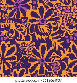 Abstract Hand Drawing Two Colors Victorian Baroque Flowers and Leaves Seamless Vector Pattern Isolated Background Seamless vector floral pattern in Hawaiian style with big flowers