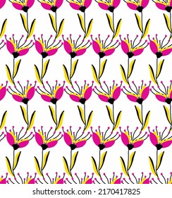 Abstracto Vector de dibujo a mano Flores de amapola y deja un fondo aislado de patrón sin soldadura