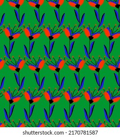 Abstract Hand Drawing Vector Poppy Flowers and Leaves Seamless  Pattern Isolated Background