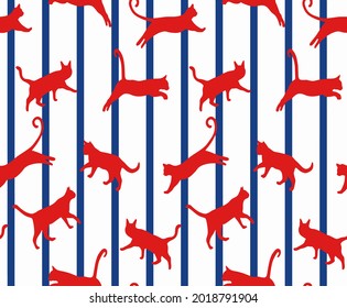 Abstract Hand Drawing Vertical Stripes with Jumping Cats Seamless Vector Pattern Isolated Background