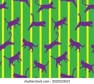 Abstract Hand Drawing Vertical Stripes with Jumping Cats Seamless Vector Pattern Isolated Background