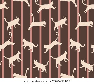 Abstract Hand Drawing Vertical Stripes with Jumping Cats Seamless Vector Pattern Isolated Background