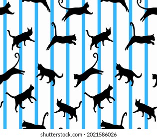 Abstract Hand Drawing Vertical Stripes with Jumping Cats Seamless Vector Pattern Isolated Background