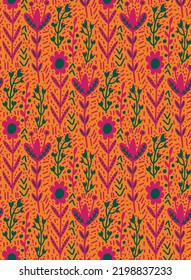 Abstrakte handgezeichnete Vintage Authentische ethnische Folkloreblüten Blätter und gestrichene Lines Punkte Nahtloses Vektormuster isolierter Hintergrund