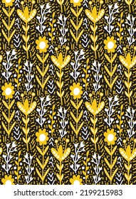 Abstract Hand Drawing Vintage Authentic Ethnic Folk Ditsy Flowers Leaves and Dashed Lines Dots Seamless Vector Pattern Isolated Background