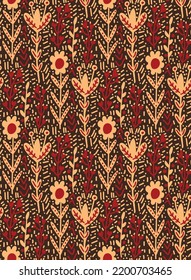 Abstract Hand Drawing Vintage Authentic Ethnic Folk Ditsy Flowers Leaves and Dashed Lines Dots Seamless Vector Pattern Isolated Background