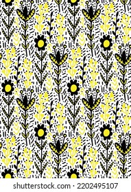 Abstract Hand Drawing Vintage Authentic Ethnic Folk Ditsy Flowers Leaves and Dashed Lines Dots Seamless Vector Pattern Isolated Background