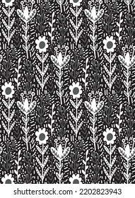 Abstract Hand Drawing Vintage Authentic Ethnic Folk Ditsy Flowers Leaves and Dashed Lines Dots Seamless Vector Pattern Isolated Background