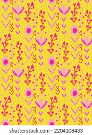 Abstract Hand Drawing Vintage Authentic Ethnic Folk Ditsy Flowers Leaves and Dashed Lines Dots Seamless Vector Pattern Isolated Background
