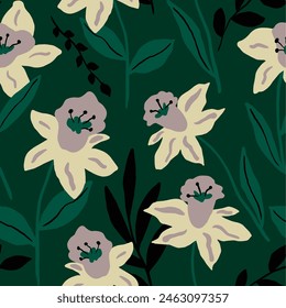 Abstract Hand Drawing Vintage Daffodil Flowers and Leaves Seamless Vector Pattern Isolated Background	